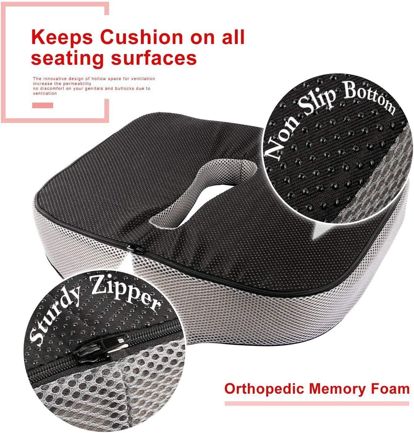 Flybiz Foam Seat Orthopedic Seat Cushion, for Coccyx Sciatica Hemorrhoid Tailbone Back Pain Relief, Ergonomic Posture Seat Pad with Cool Mesh Fabric for Office Chairs, Car Seat, Recliner, Wheelchair - Image 4