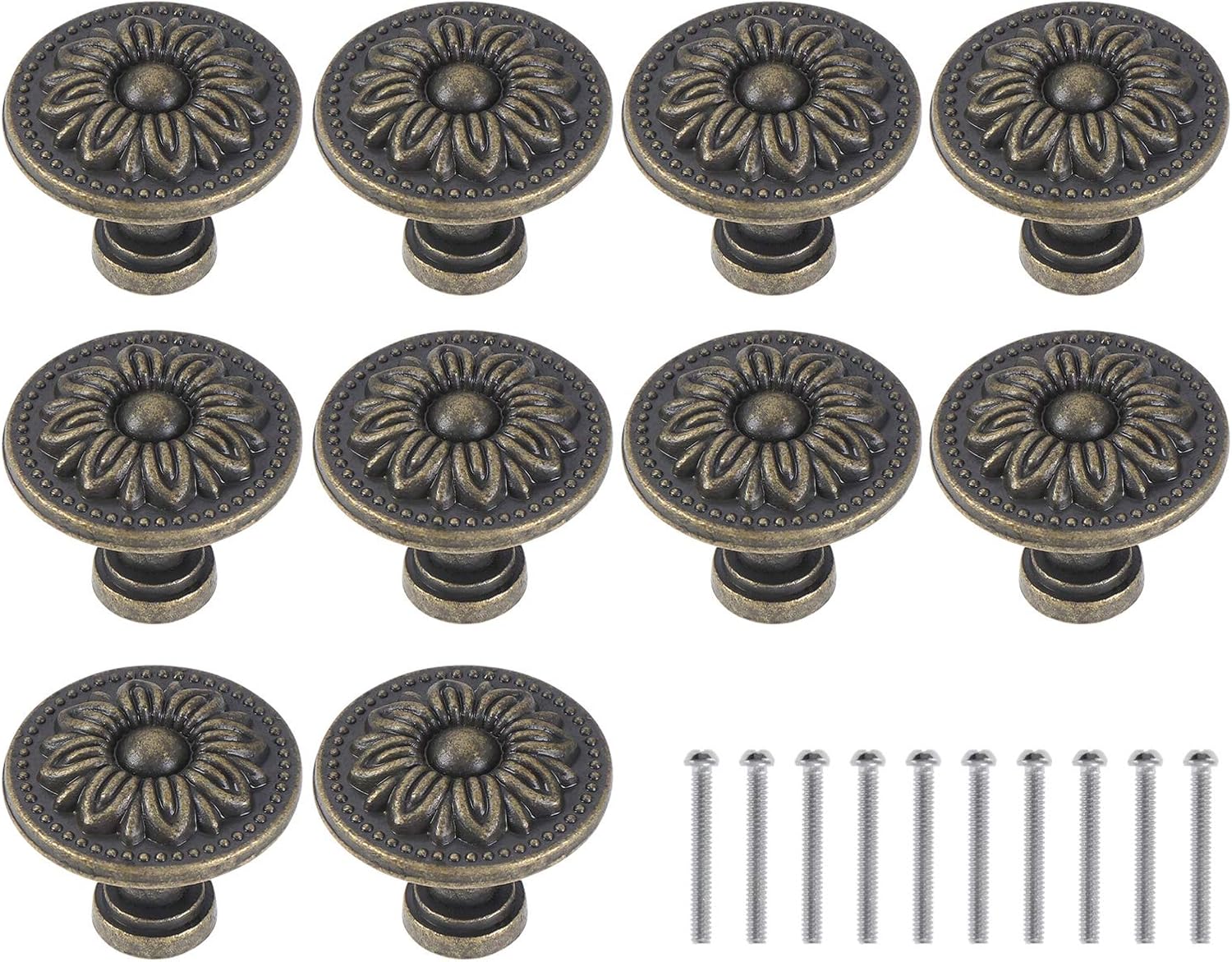 abcGoodefg 10PCS Antique Round Cabinet Knobs Bronze Vintage Drawer Knobs Brass Retro Flower Cupboard Pulls Handle for Furniture Kitchen Door Hardware (31MM)