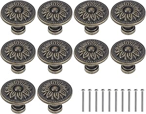 abcGoodefg 10PCS Antique Round Cabinet Knobs Bronze Vintage Drawer Knobs Brass Retro Flower Cupboard Pulls Handle for Furniture Kitchen Door Hardware (31MM)