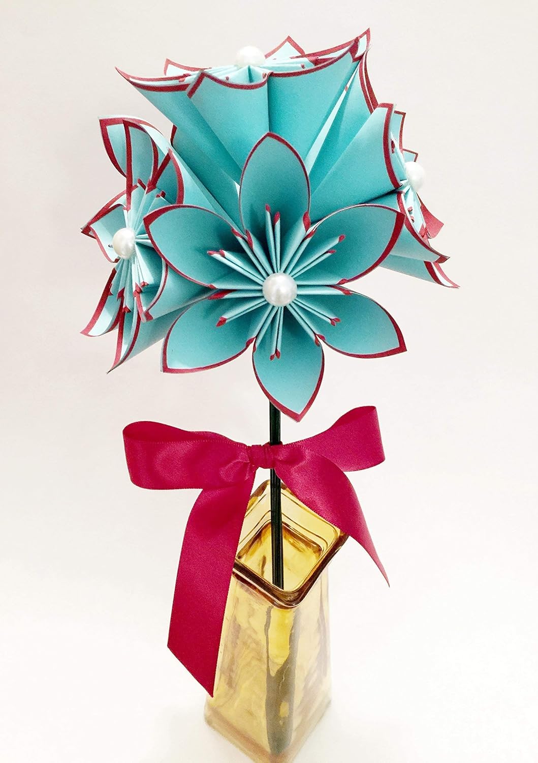 Set of 6 Turquoise & Red Paper Flowers origami, small