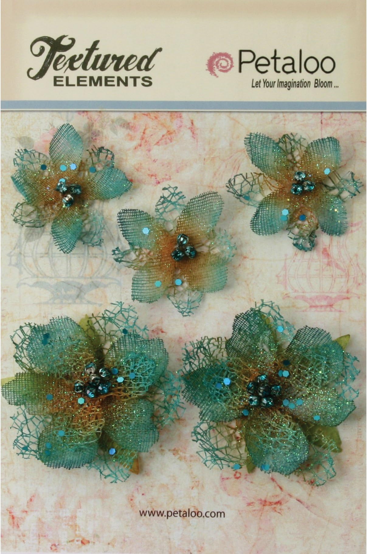 Petaloo Textured Elements Jewelled Flowers-Teal