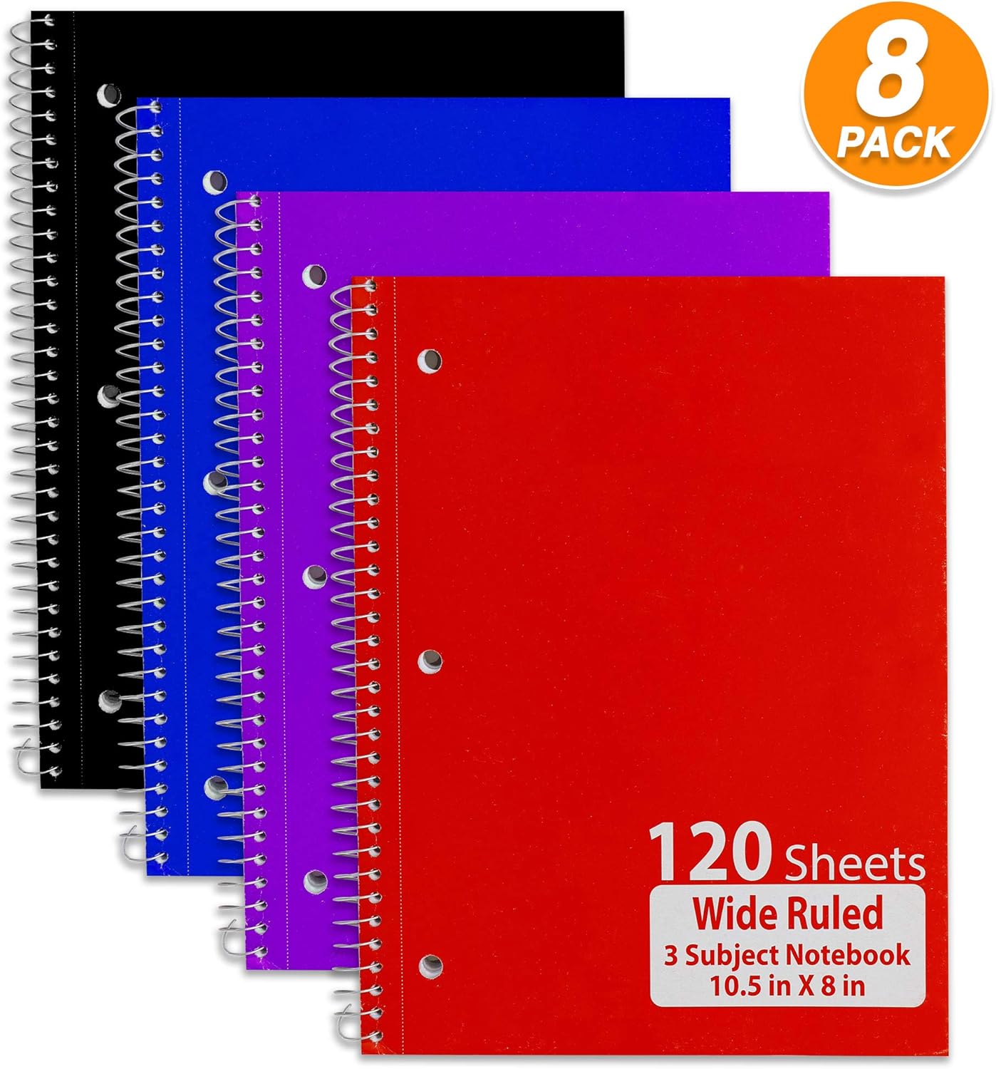 Emraw 3 Subject Spiral Notebooks Wide Ruled 120 Sheets White Paper Ideal for Class Assignments, Homework, Planning and General Notes. (Pack of 8) : Office Products