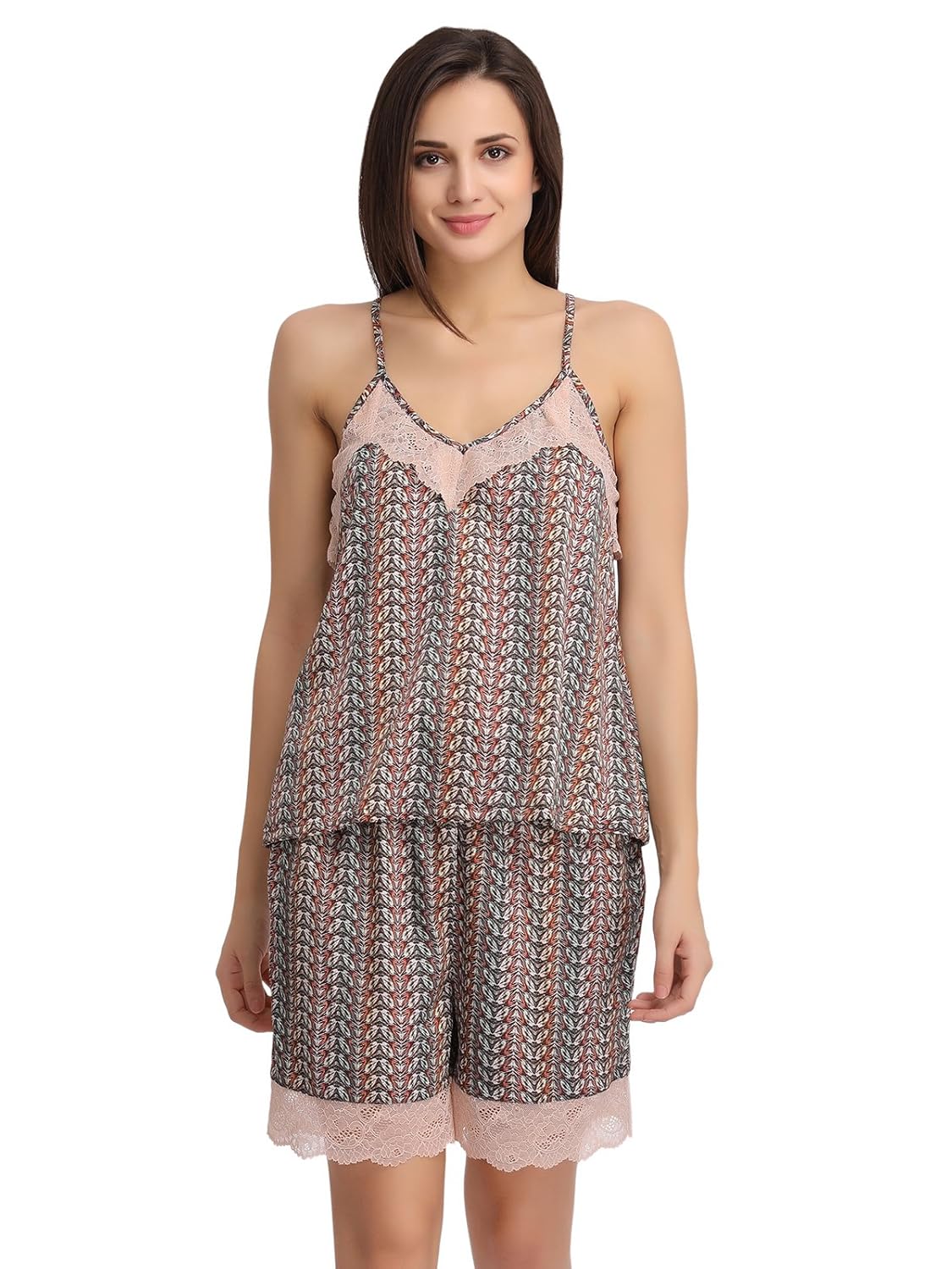 clovia women's satin printed spaghetti top & shorts set