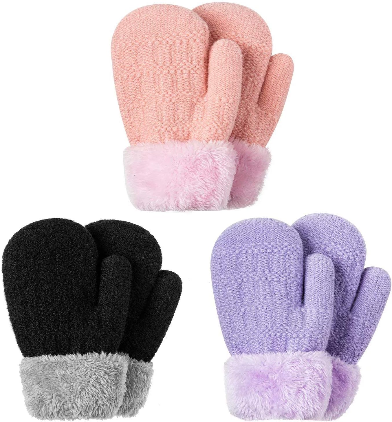 Winter Mitten Gloves For Baby Kids Toddler Infant Newborn, Cute Warm Fleece Lined Knit Thick Thermal Gloves For Boys Girls (Black&Pink&Purple)