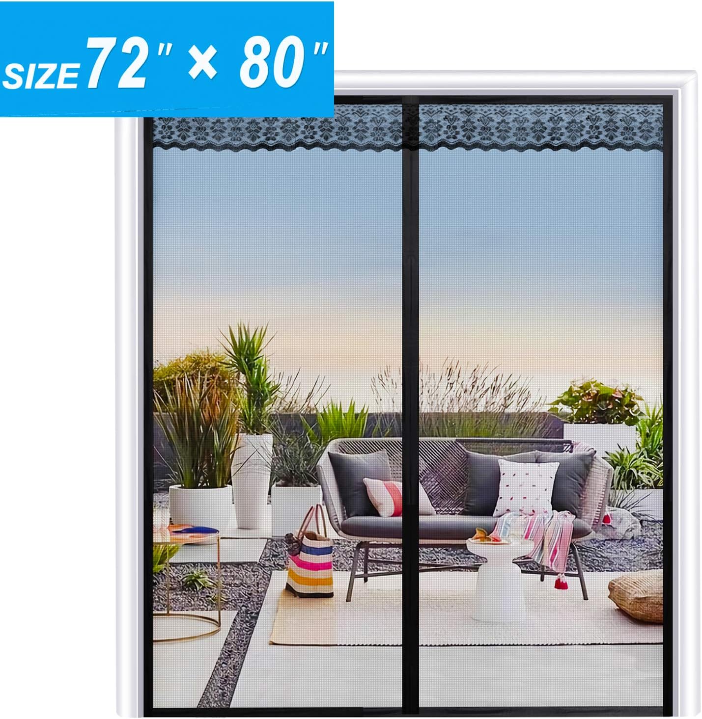Joypea Magnetic Screen Door Fits Door Size up to 72"x80"(L) with Durable Fiberglass Double Door Screen Mesh Curtain and Full Frame Hook Loop