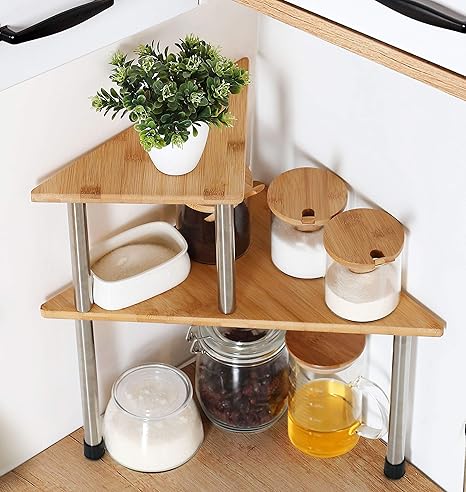 Amazon Com Hynawin Corner Shelves 2 Tier Spice Rack Standing Pantry Cabinet Storage Shelf Creative Adjustable Style Compact Bamboo Counter Shelving Best Home Decor For Kitchen Bathroom Bedroom Triangle Home Kitchen