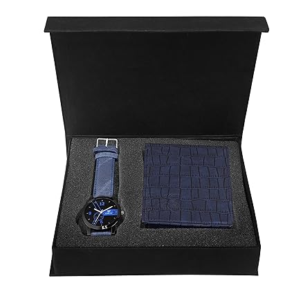 CM-2014WL-06 Combo of Black Dial Analogue Watch and Blue Wallet for Men