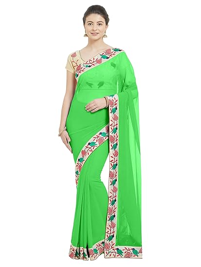 Womens Chiffon Solid Saree Having Birds Embroidered Lace Border Work & Embroidered Blouse Pice