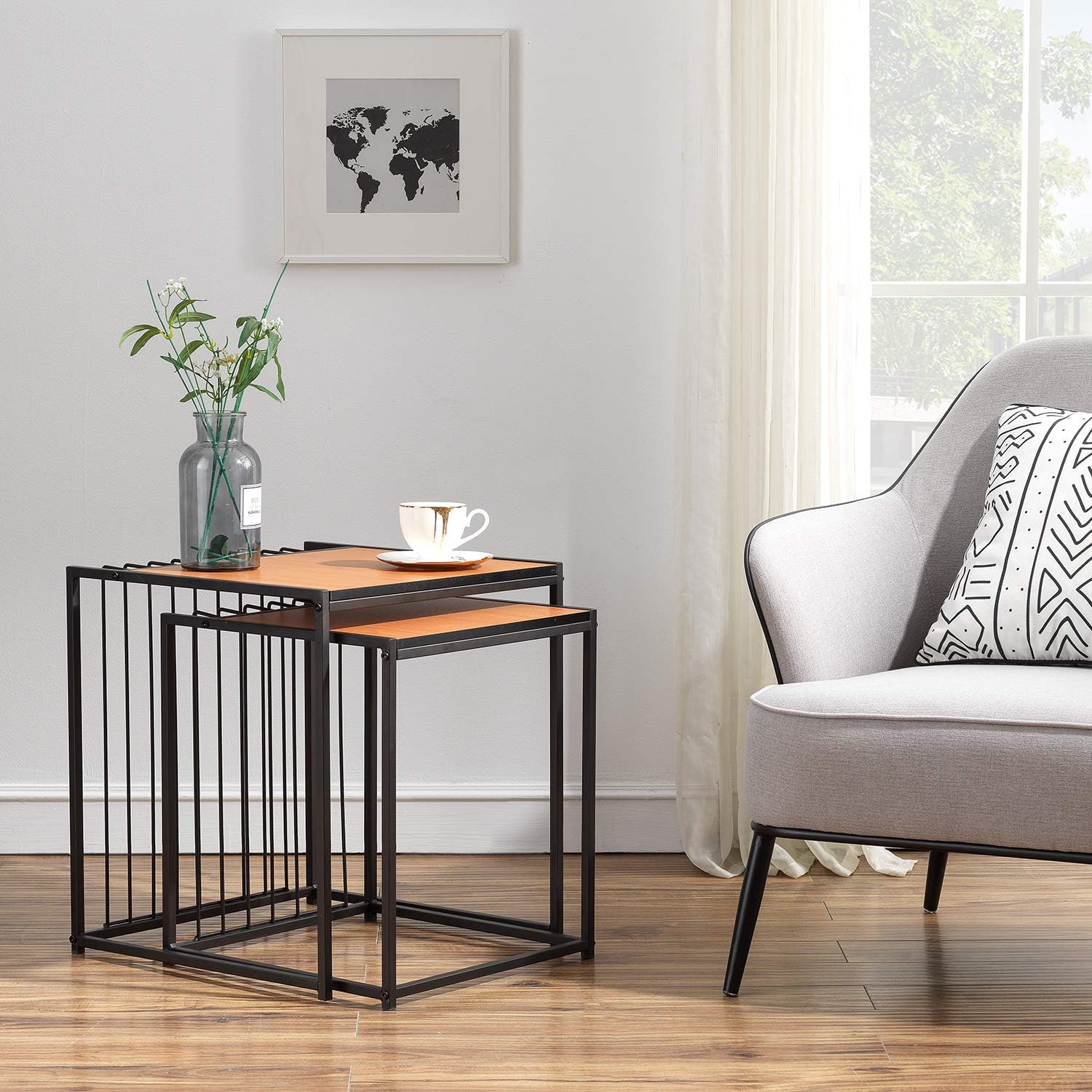 VECELO Industrial Nesting Coffee Table Set of 2,Stacking Side or End for Living Room Balcony Home and Office, Light Cheery: Furniture & Decor