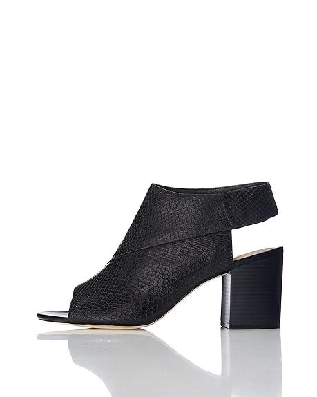 FIND Peeptoe Sandalen Damen aus Leder mit Druckknöpfeverschluss und Blockabsatz