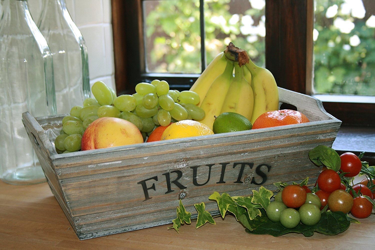 Grey Washed Wood Fruit Storage Box Medium Size Crate Rustic Market