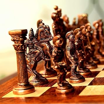 GGICO Chess Set with Brass Sculpted Pieces in Ancient Roman Style and Wooden Board Golden Era for Kids and Adults