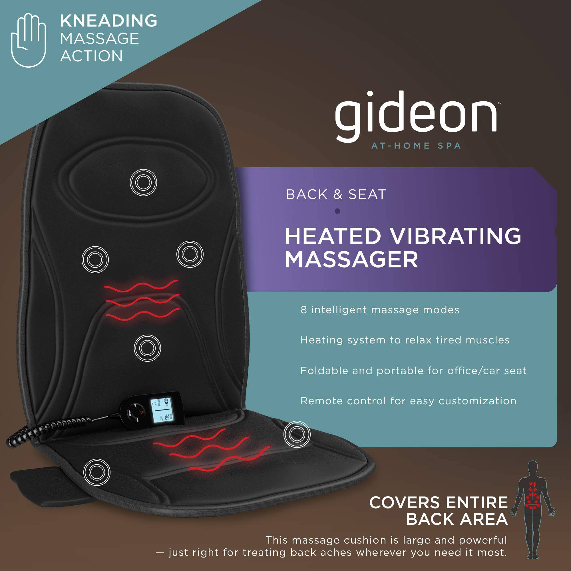 Gideon Powerful Vibrating Massager Seat Cushion for Back, Shoulder and Thighs with Heat Therapy / 8-Massaging Programs - Massage, Relax, Sooth and Relieve Thigh, Shoulder and Back Pain