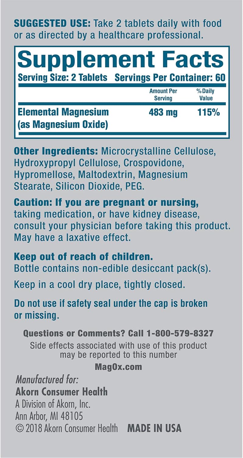 Mag-Ox 400 Magnesium Mineral Dietary Supplement Tablets, 483 mg Magnesium Oxide, 240 Count, Pharmaceutical Grade: Health & Personal Care