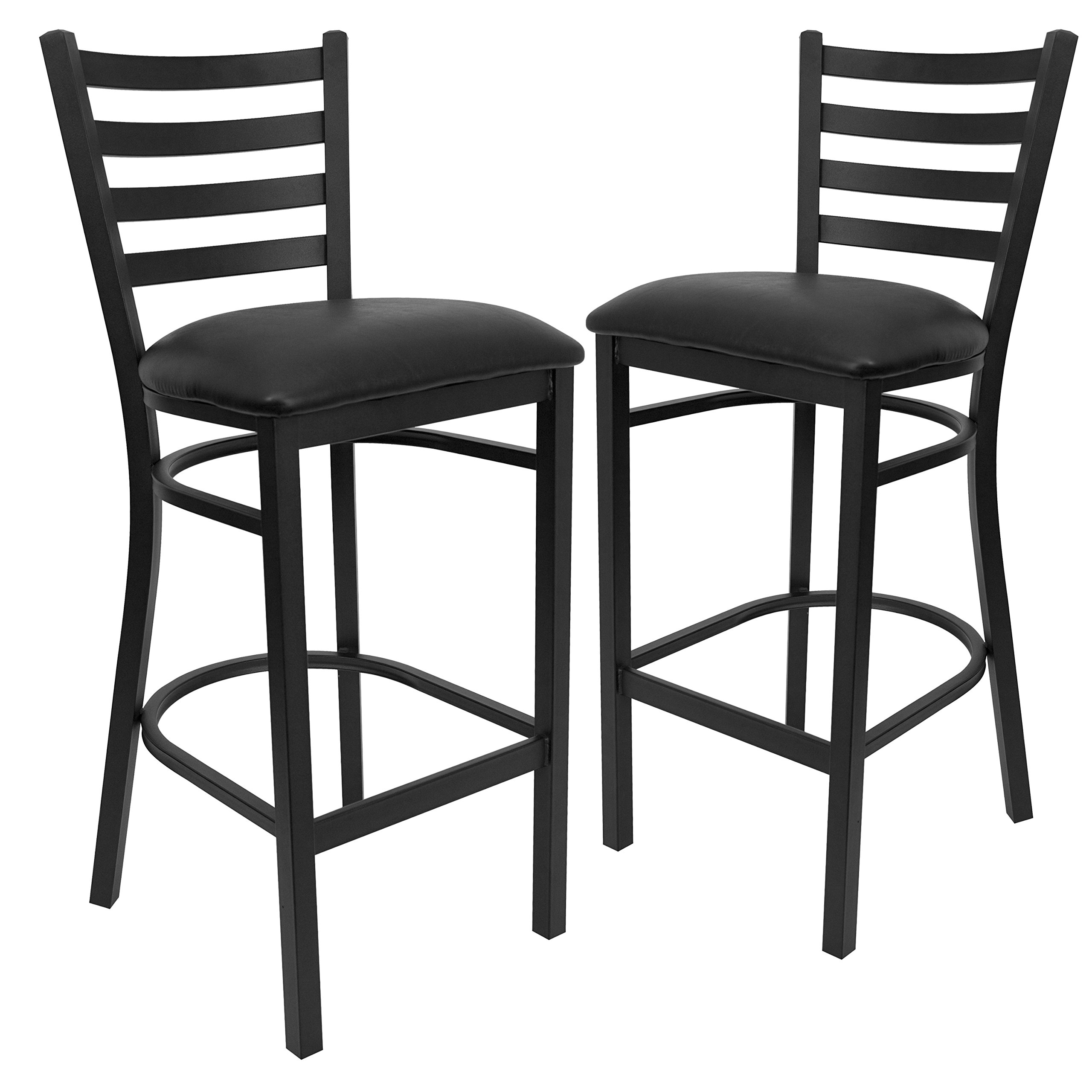 Flash Furniture 2 Pk. HERCULES Series Black Ladder Back Metal Restaurant Barstool - Black Vinyl Seat; Chair cushions no included.