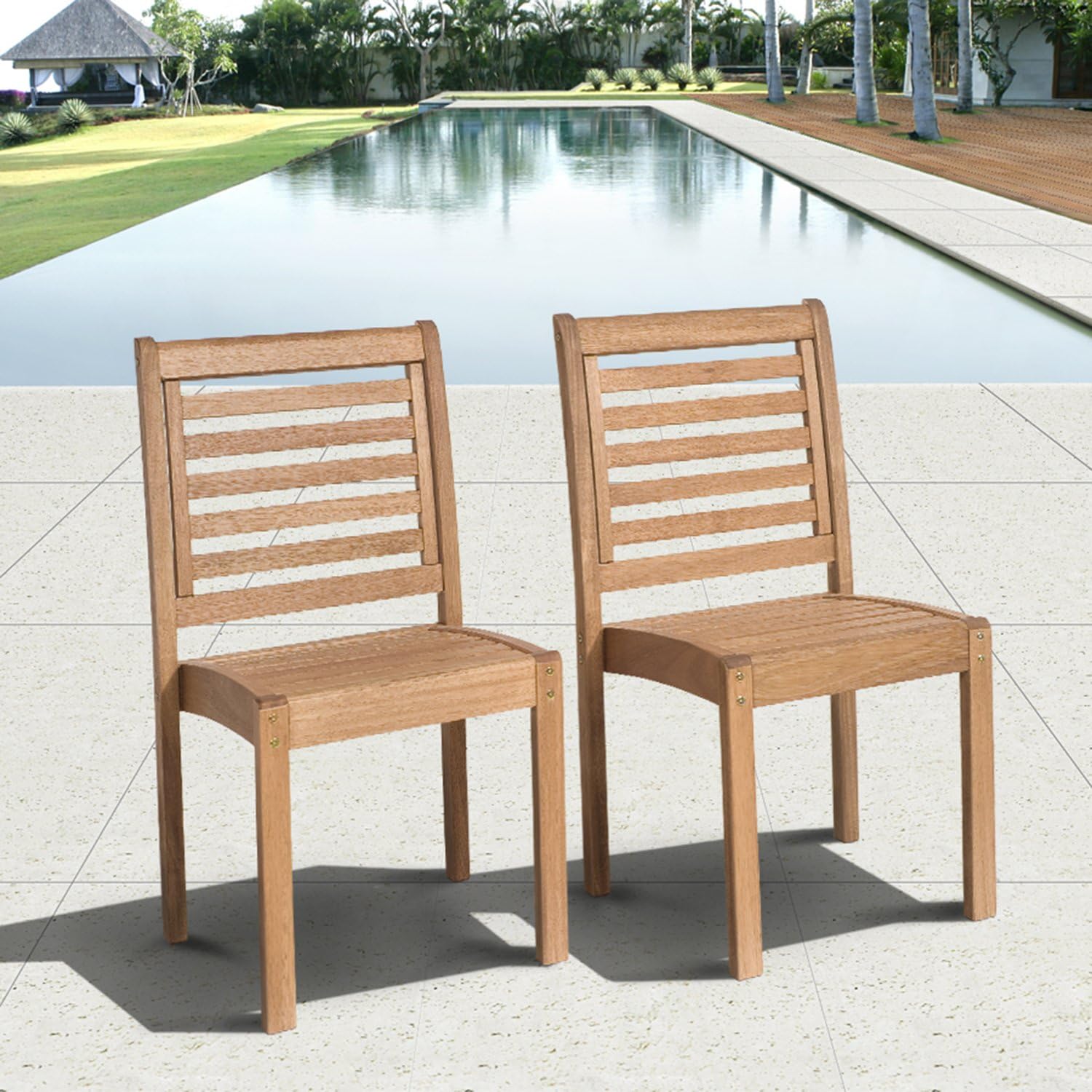 ia Leeds 2-Piece Stackable Side Chair | Eucalyptus Wood | Ideal for Outdoors and Indoors : Patio Dining Chairs : Garden & Outdoor