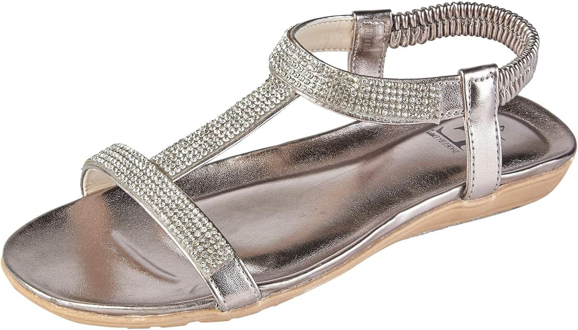 Ladies Diamante Sandals Pewter/Dark Silver Low Flat Heel Elasticated