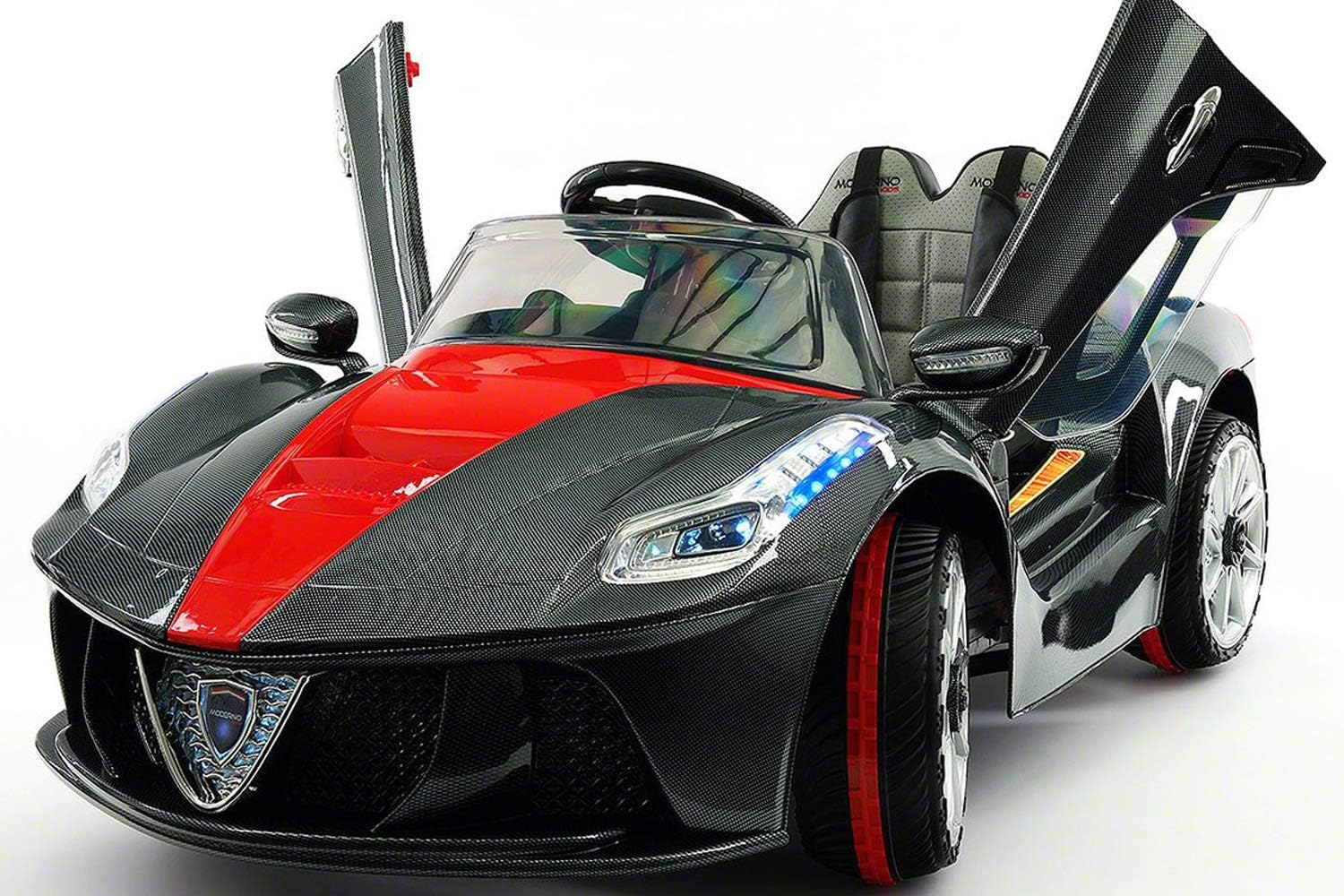 2019 Spider Racer Ride-ON CAR Toys 12V Electric Truck for Kids Toddlers | Leather | LED Body KIT | 12V Powered | Parental Remote Control + (1 Year Warranty) | Carbon Black