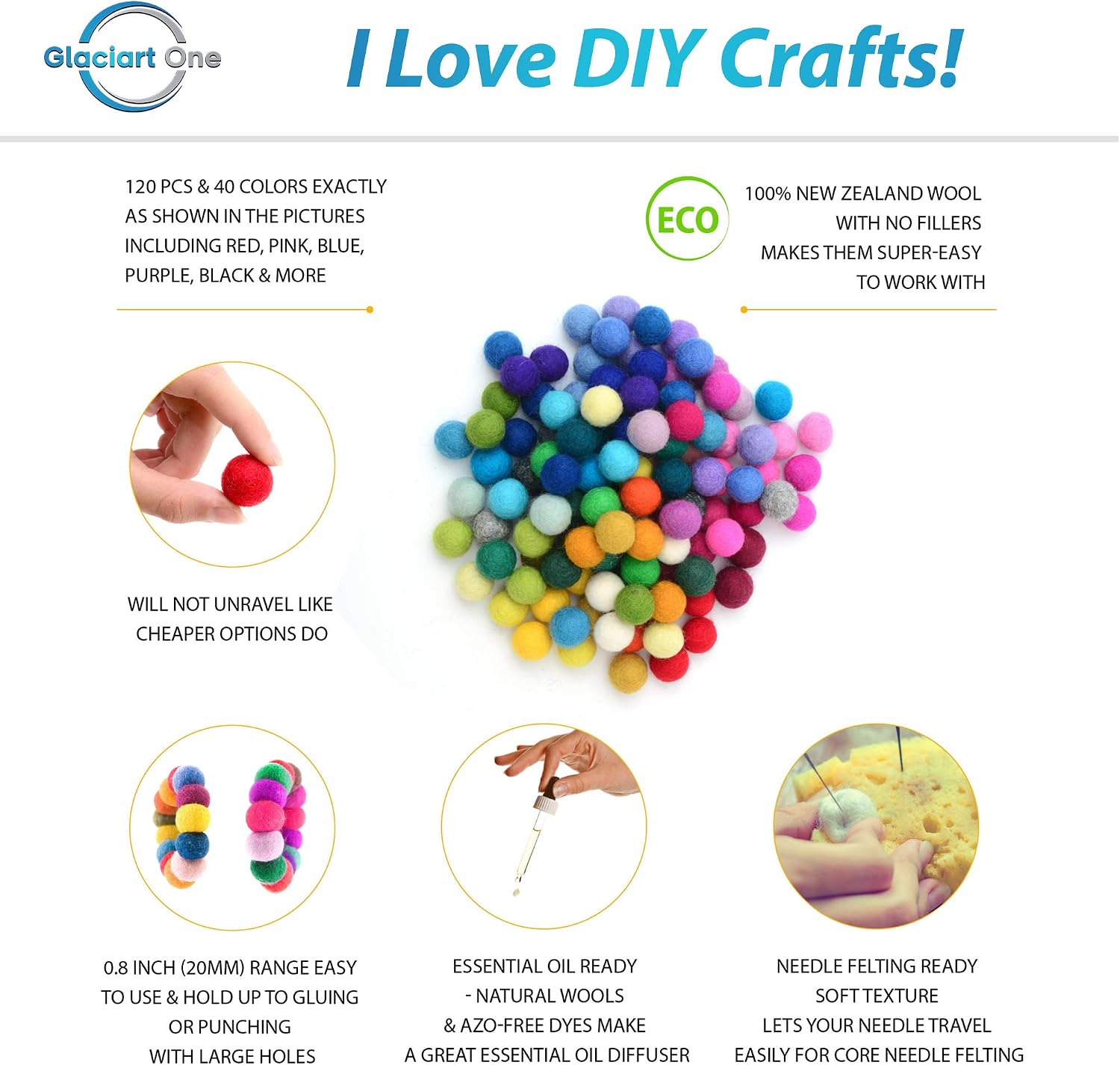 Glaciart One Felt Pom Poms, Wool Felt Balls (120 Pieces) 2 cm, Handmade Felted 40 Color (Red, Pink, Blue, Yellow, Black - Image 3