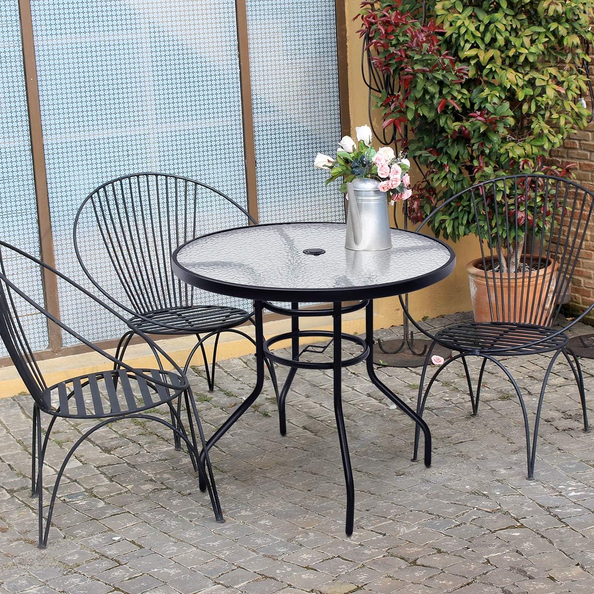 Tangkula 32" Outdoor Patio Table Round Steel Frame Tempered Glass Top Commercial Party Event Furniture Conversation Coffee Table for Backyard Lawn Balcony Pool with Umbrella Hole: Kitchen & Dining