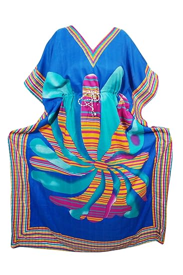 Mogul Womens Kaftan Flower Print Loung Dress Colorful Beach Cover Up Caftan (Blue-1)