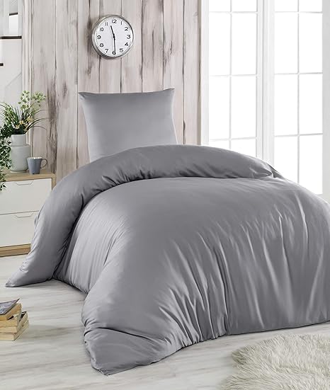 Melunda 2 TLG. Mako Satin Bettwäsche Set | Bettdeckenbezug 155x220 cm, mit Kopfkissenbezug 80x80 cm | Grau | 2 teilig Bettgar