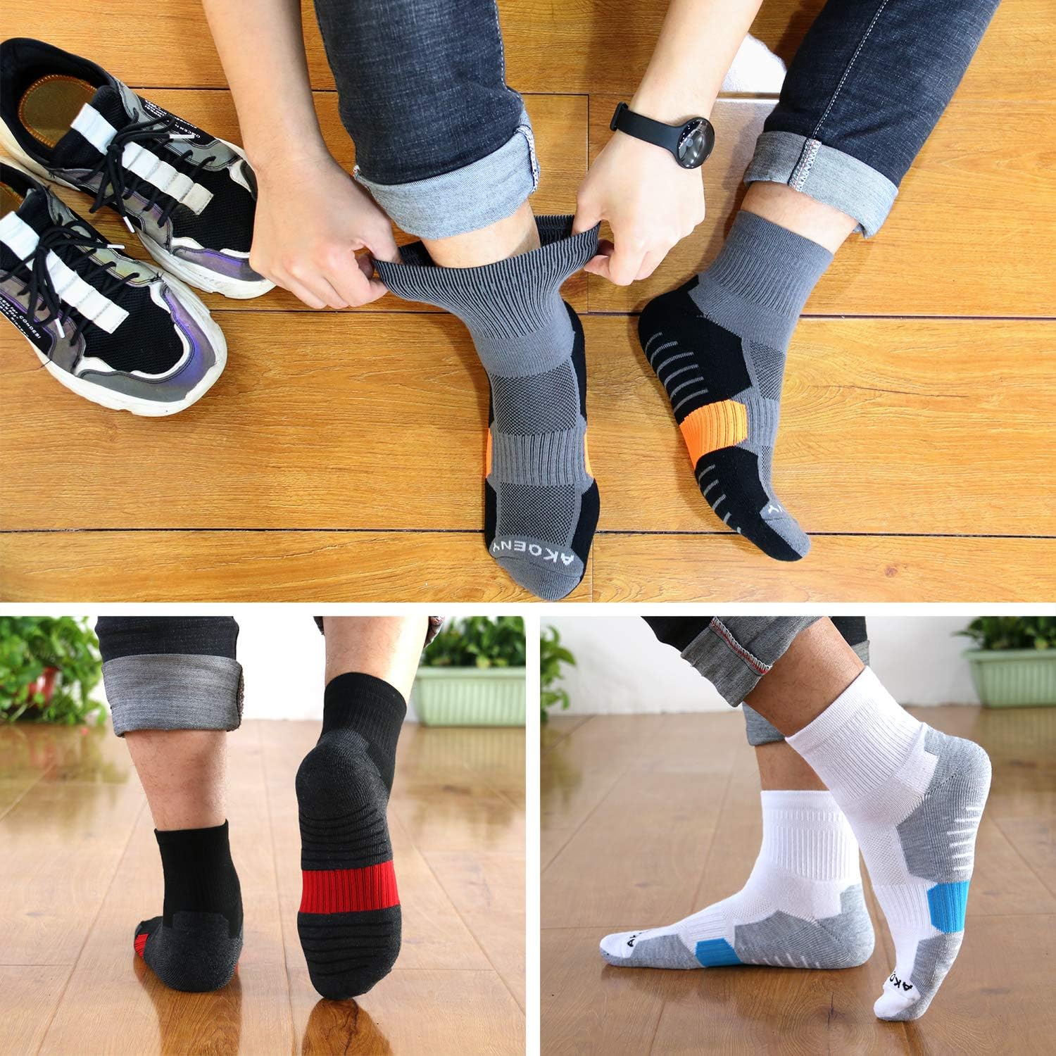 AKOENY Men's Performance Athletic Quarter Socks for Running, Training & Hiking (6 Pack): Clothing