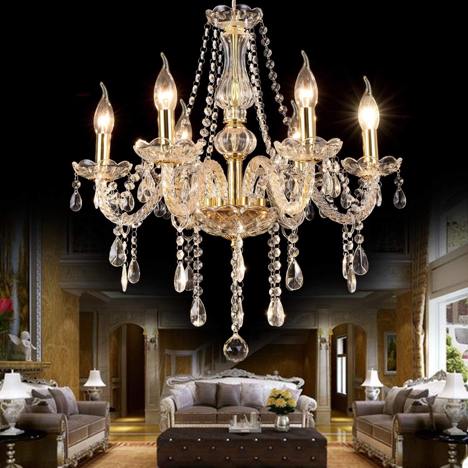 CLIENSY Chandelier Modern 6 Lights K9 Crystal Raindrop Chandelier LED Ceiling Light Fixture Pendant Lamp for Bedroom Livingroom Dining Room, 6 E12 Bulbs Required