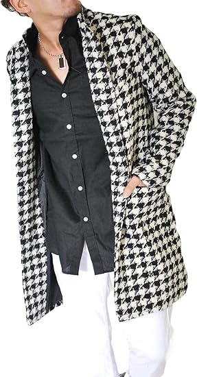 Amazon ロハス Lohas千鳥格子柄ジャガードチェスターコート トレンチコート ロング丈 コート メンズ アウター チェスター フィールド M Chidori1 コート ジャケット 通販