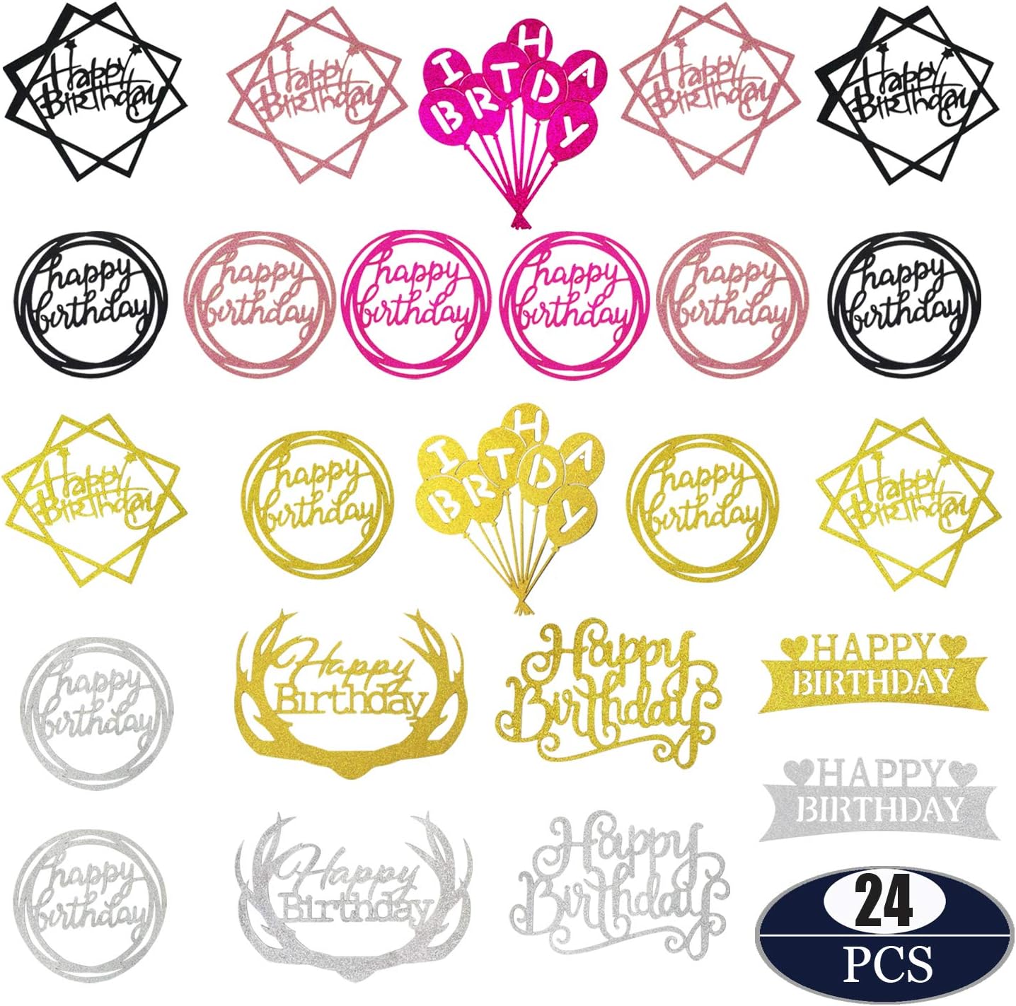 24 PCS Happy Birthday Cake Topper First Birthday Cupcake Topper, Series of Birthday Cake Supplies Decorations Bunting that Smash Candle Alternative Party Handmade by Allazone