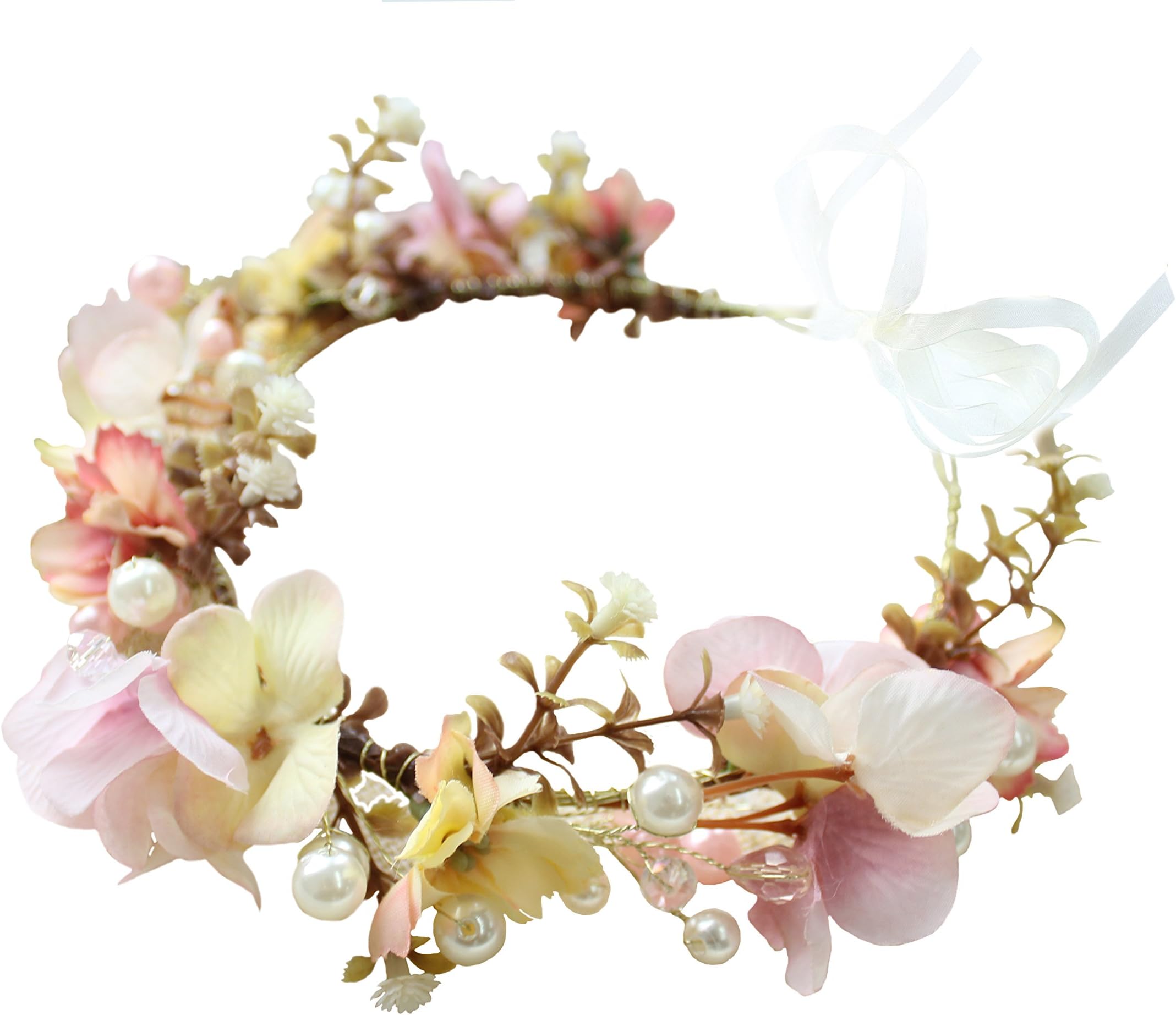 Brikuinr Floral Crown Wreath Pearl Flower Headband Hair Wreath Hair Garland Flower Halo Floral Headpiece with Ribbon Wedding Party Festival Pink