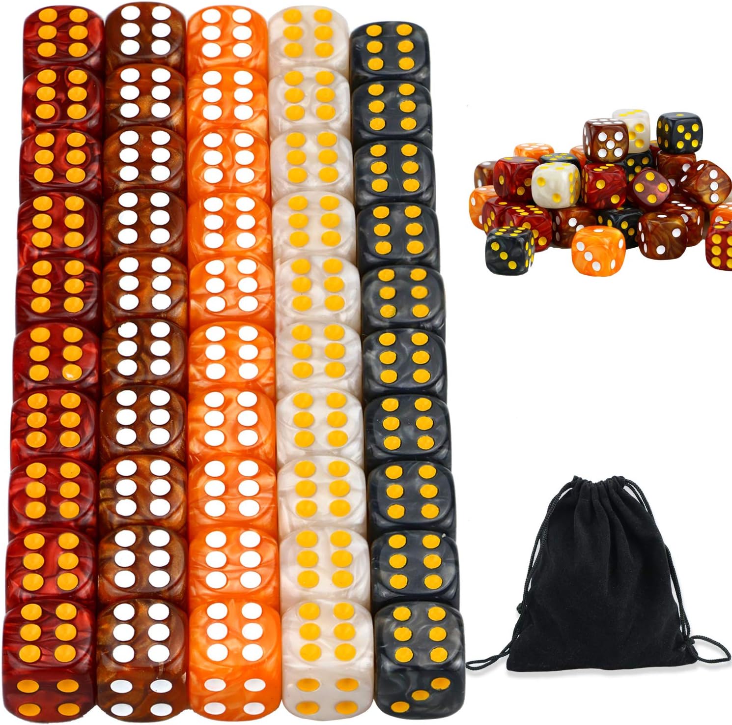 YOUSHARES 50 Pcs Game Dice Set including Free Pouch, Multi, Colors Rounded Edges Dice, 6 Sided 16mm D6 Standard Dice