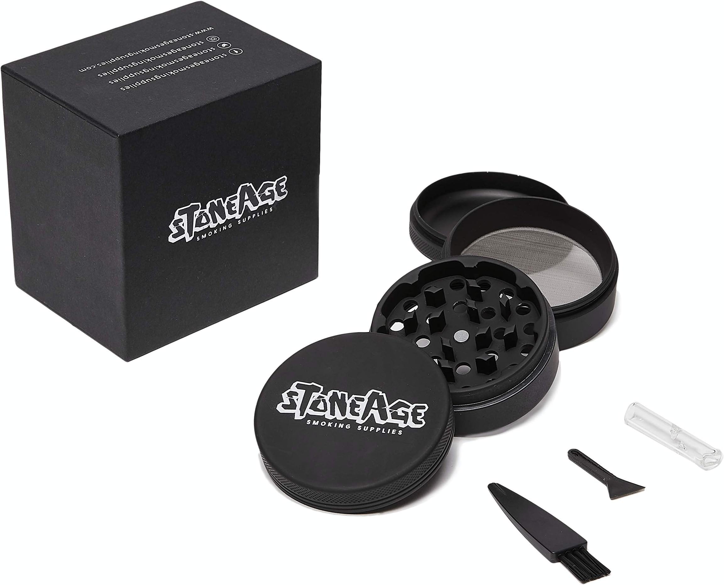 StoneAge Herb Grinder Set - Includes Glass Filter Tip, Smell Proof Bag, Drawstring Carrying Pouch, Brush and Pollen Scraper Crusher, 4-Piece, Ø 63 mm (Matt Black)