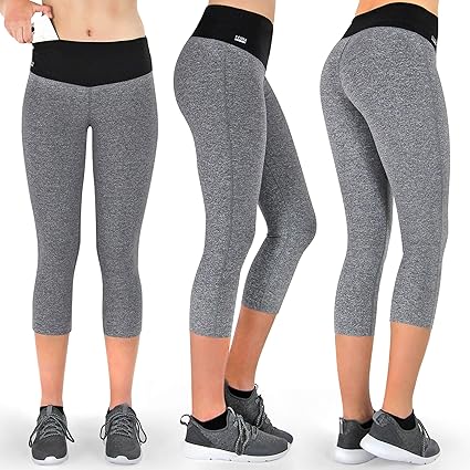 Formbelt Sport Leggings Damen 3/4 mit Hüfttasche für Handy | Laufhose Capri Dreiviertel 3 4 | Fitness Sport Tights Schwarz Mu