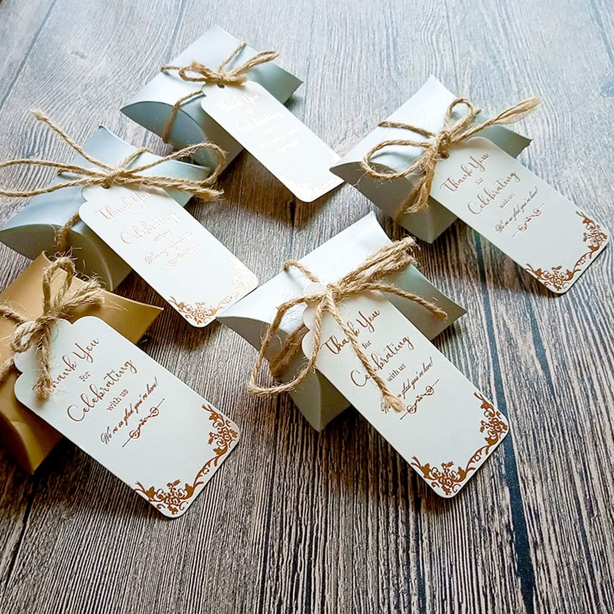 100 Wedding Favor Tags (Free Extra Long 328ft Twine), Rose Gold Foil Preprinted on White Tags with Writing Thank You for Celebrating with Us, We’re so Glad You’re Here : Office Products