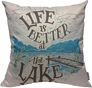 Mugod Lake House Sign Throw Pillow Cover Life is Better at The Lake Lakeside Living Cabin Decorative Square Pillow Case for Home Bedroom Living Room Cushion Cover 18x18 Inch