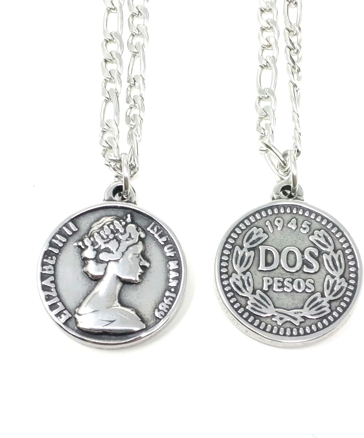 Amazon Puente ネックレス サージカルステンレス 金属アレルギー対応 ステンレス316l チェーン チャーム シルバー 50cm ペンダント トップ 5セント コイン コインネックレス エリザベス エリザベス女王 フィガロチェーン レディース 銀色 チェーン