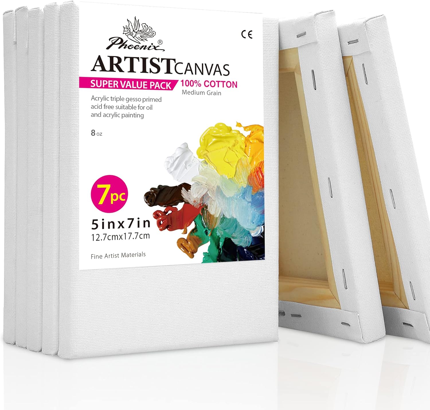 PHOENIX White Blank Cotton Stretched Canvas Artist Painting - 5x7 Inch / 7 Pack - 5/8 Inch Profile Triple Primed for Oil & Acrylic Paints