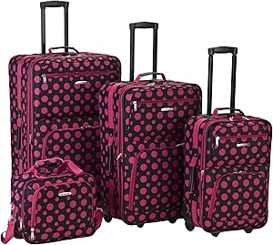 Rockland Fashion Softside Upright Luggage Set, Black/Pink Dot, 4-Piece (14/20/24/28)