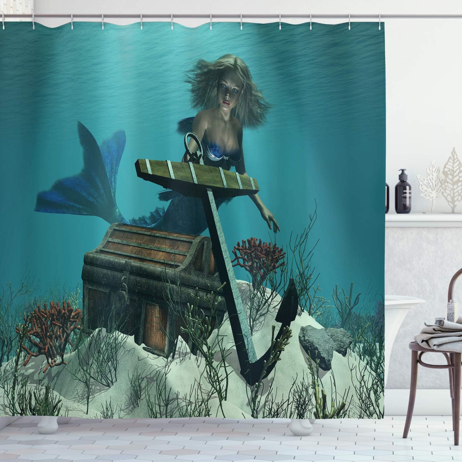 Amazon Com Ambesonne Mermaid Shower Curtain Mermaid In Ocean Discovering Pirates Treasure Chest Mythical Art Print Cloth Fabric Bathroom Decor Set With Hooks 70 Long Azure Brown Home Kitchen