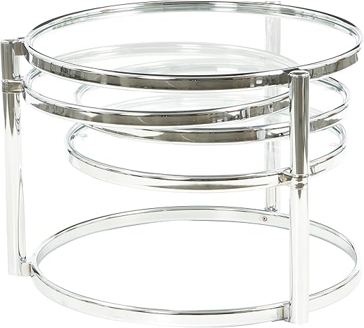 Amazon Com Cotham Motion Round Coffee Table With 5 Exterior Shelves For Living Room Made Of Glass And Metal In Clear And Chrome Finish 17 15 H X 59 84 W X 55 11 D In