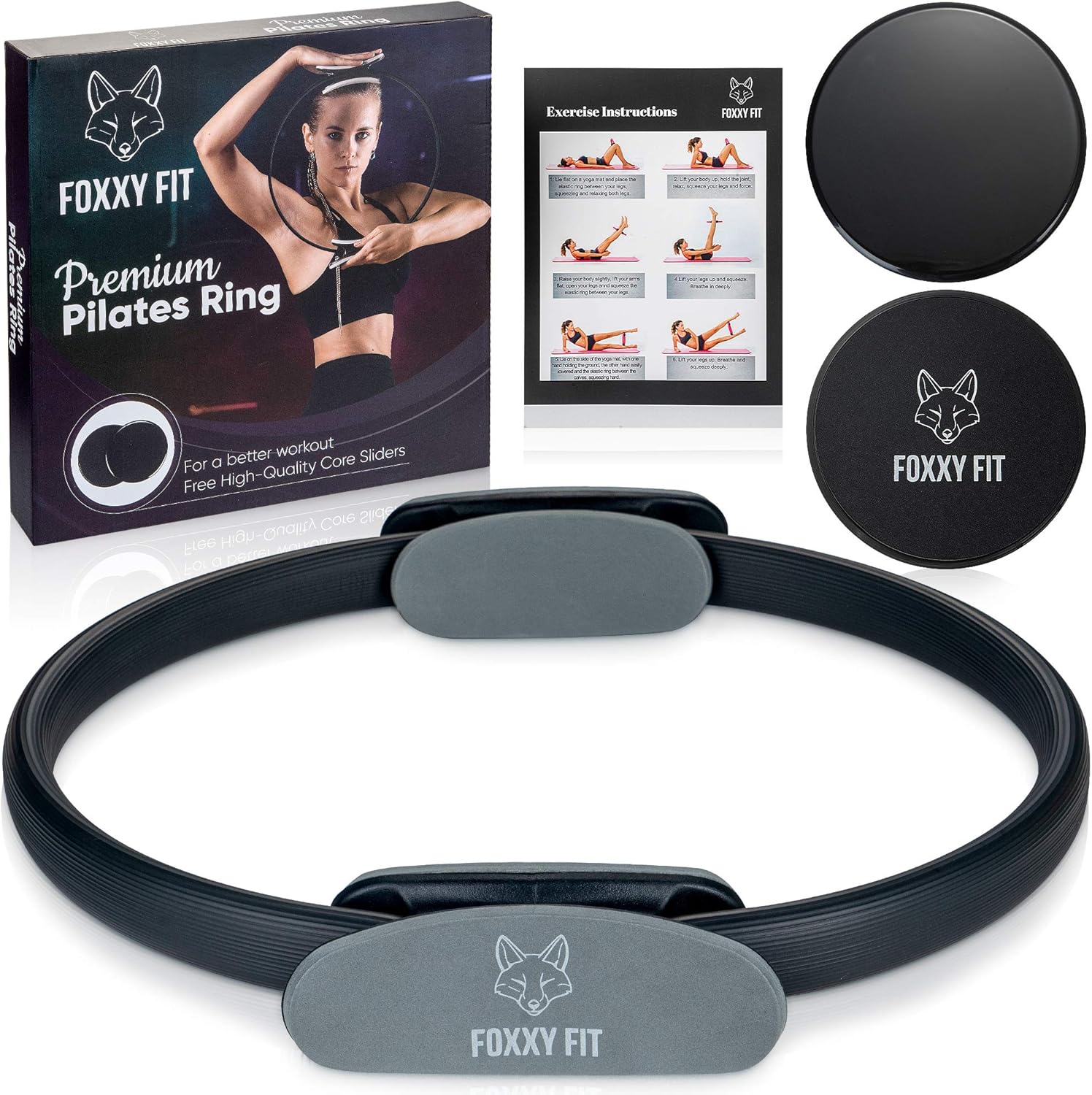 FOXXY FIT Pilates Ring - Magic Circle for Pilates, Yoga and Floor Exercises with Dual-Grip Handles –Premium Pilates Circle for Thighs, Core and Arms – Core Sliders, Workout Guide and Free Bonus : Sports & Outdoors