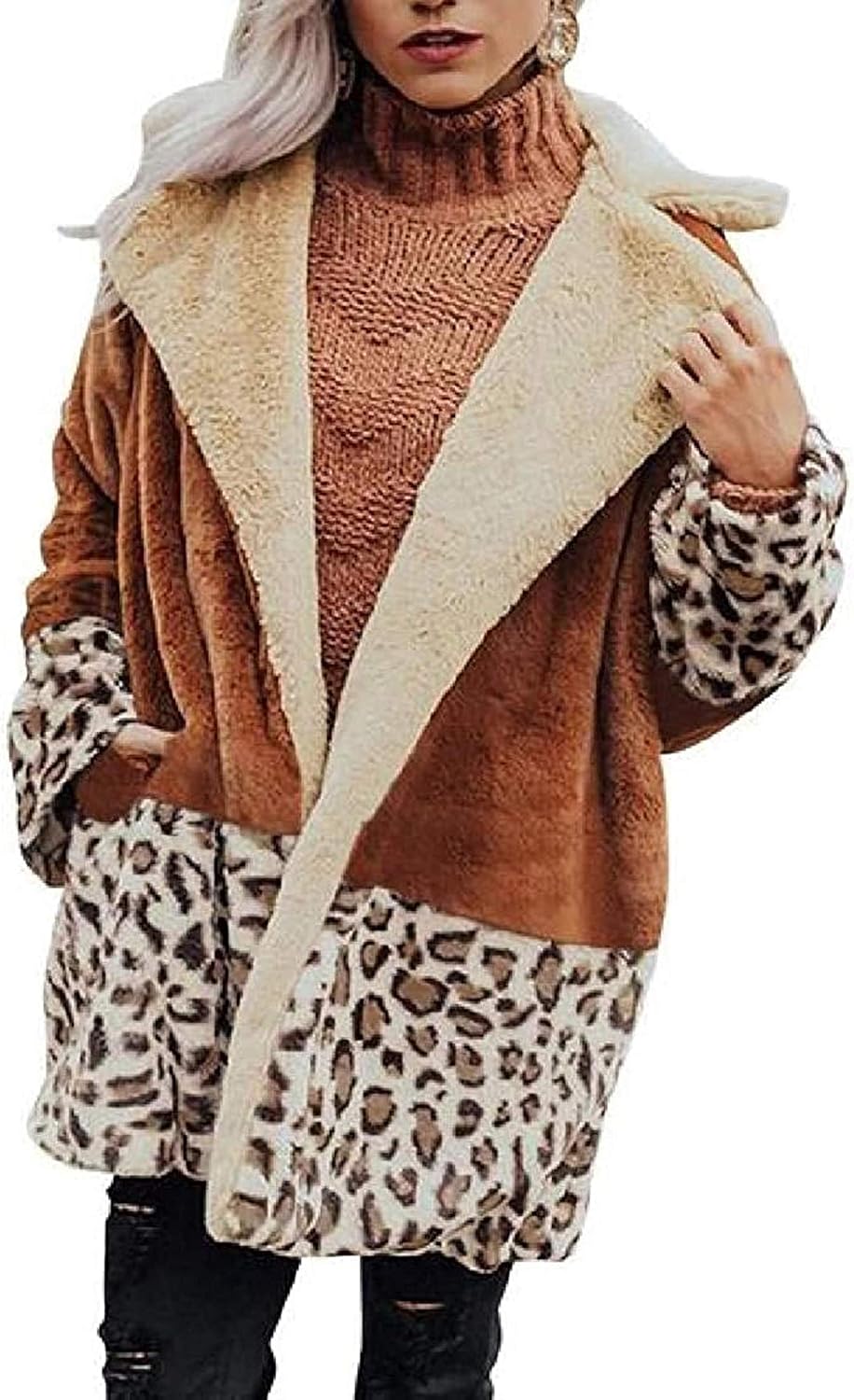 Women's Leopard Print Warm Winter Fleece Jacket Color Block Pea Coat