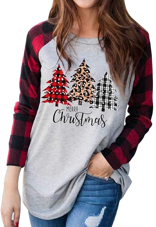 Buy Merry Christmas Shirt Women Leopard Plaid Christmas Tree Raglan