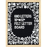 Felt Letter Board 12 x16 inch, Large Black Changeable Letter Boards Include 680 White Plastic Letters & Oak Frame, Numbers,Symbols&Emojis with Plus Free Letter Bag