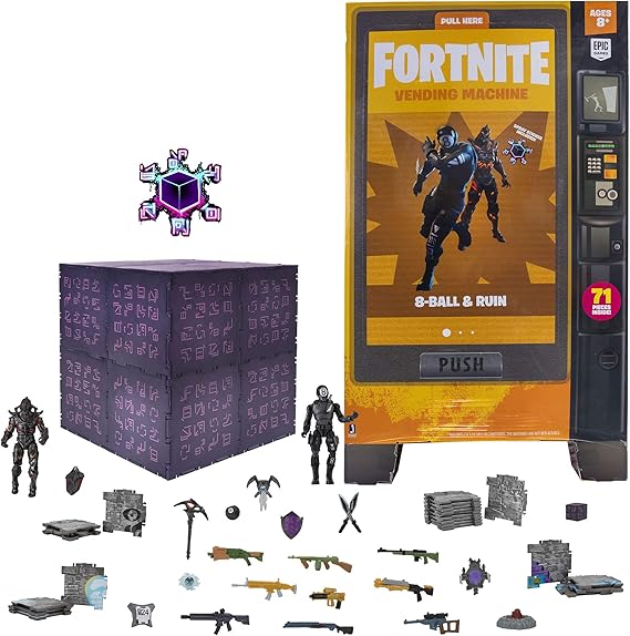 Amazon Com Fortnite Large Vending Machine 2 Figure Pack Features Ruin And 8 Ball 4 Inch Collectible Action Figures Includes 24 The Cube Pieces 10 Weapons 8 Back Bling 3 Harvesting Tools And More Toys Games