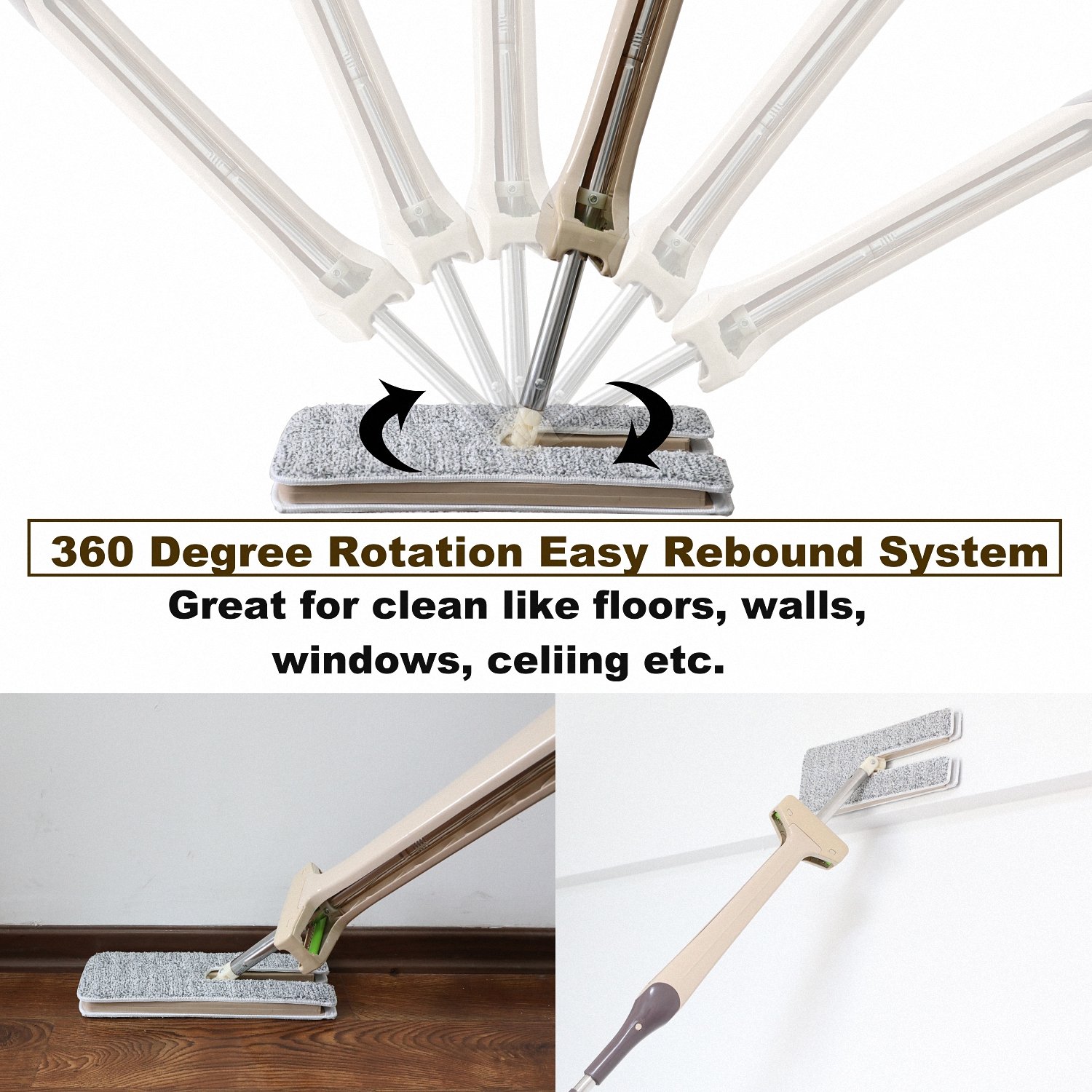 Kessica Dual-Sided Microfiber Flat Lazy Mop 360 Degrees Rotation and Self-Wringing Wet & Dry Household Cleaning Mop. (Upgraded 4 Microfiber Pads)