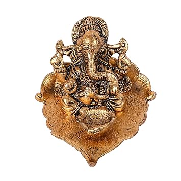 House Of Gifts Ganesha on Leaf - Ganesh with Diya - Lord Ganesha Metal Hand Craved for Home Decorative Gift Puja Diwali Gifts