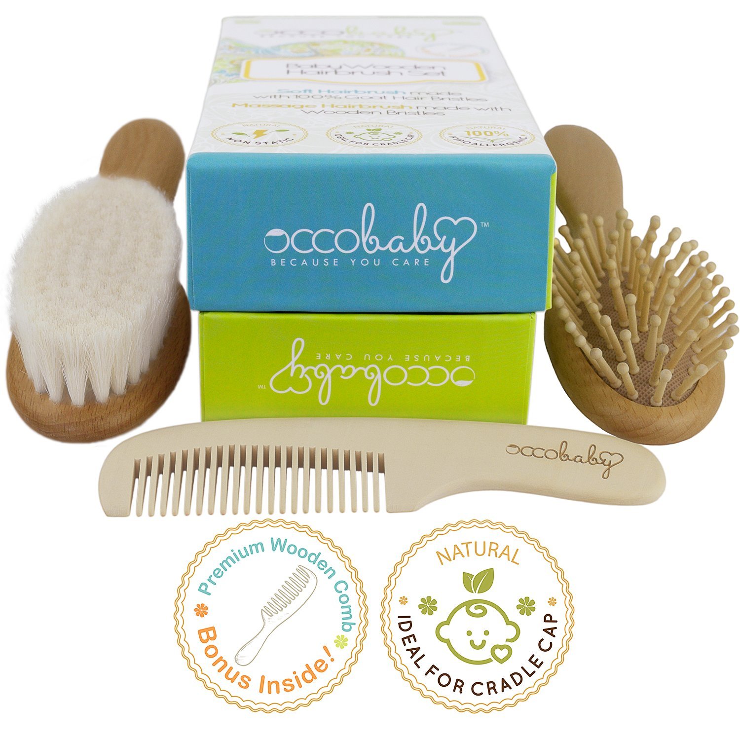occobaby 3-piece wooden baby hair brush and comb set