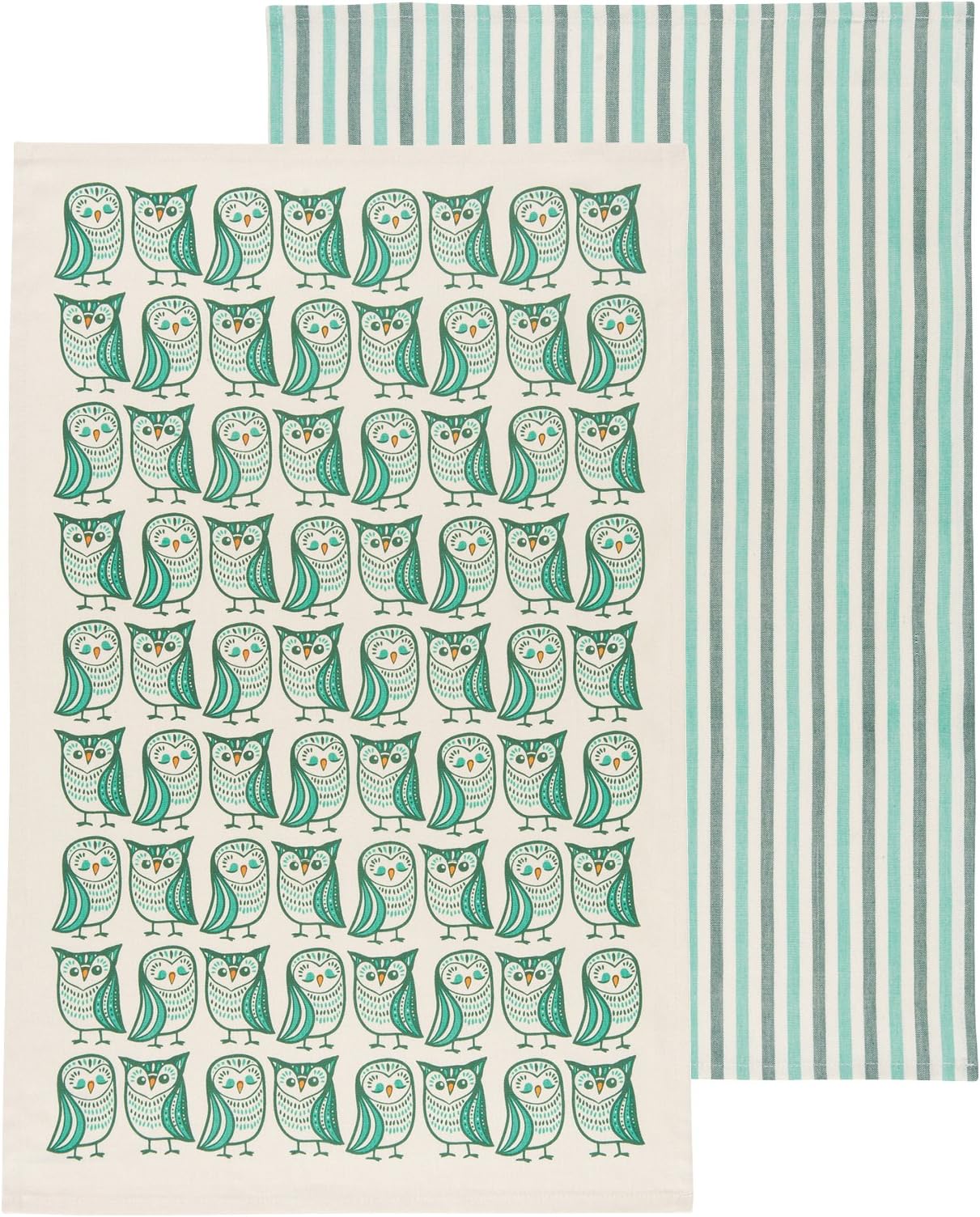 Now Designs Kitchen Dishtowels, Set of Two, Hootenanny and Green Stripes